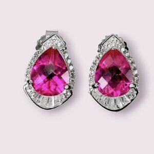 925 Sterling Silver Earrings with Natural Pink Topaz 9x7mm & CZ